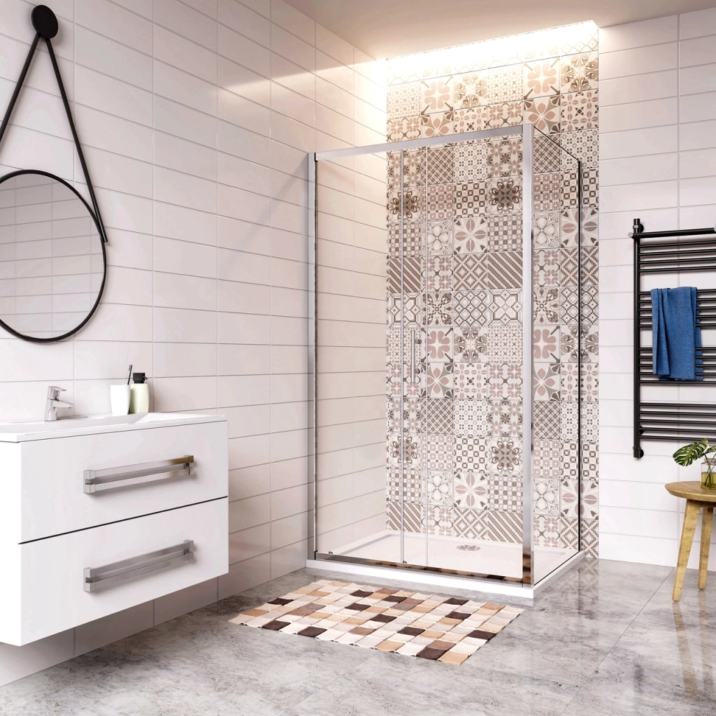 185 cm Box Doccia Angolare Porta Scorrevole con Parete Fissa Vetro Temperato 5 mm Trasparente Telaio Cromato Lucido 125x90 cm