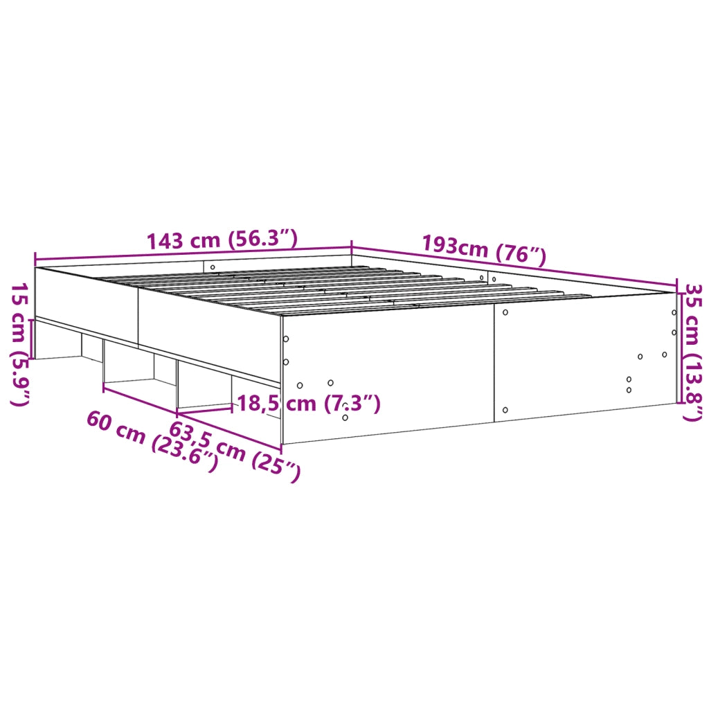 Letto matrimoniale | Letto per adulti | Giroletto senza Materasso Rovere Fumo 140x190 cm in Truciolato