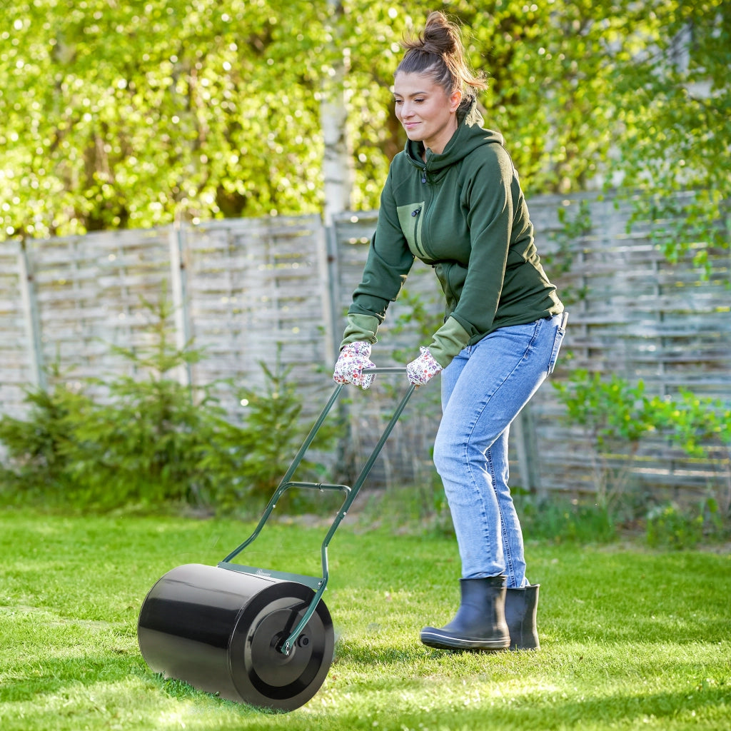 Rullo da giardino con impugnatura a U, diametro 40 cm, riempimento acqua/sabbia 60 L, in metallo, nero, 57 x 40 x 123 cm, per un prato perfetto