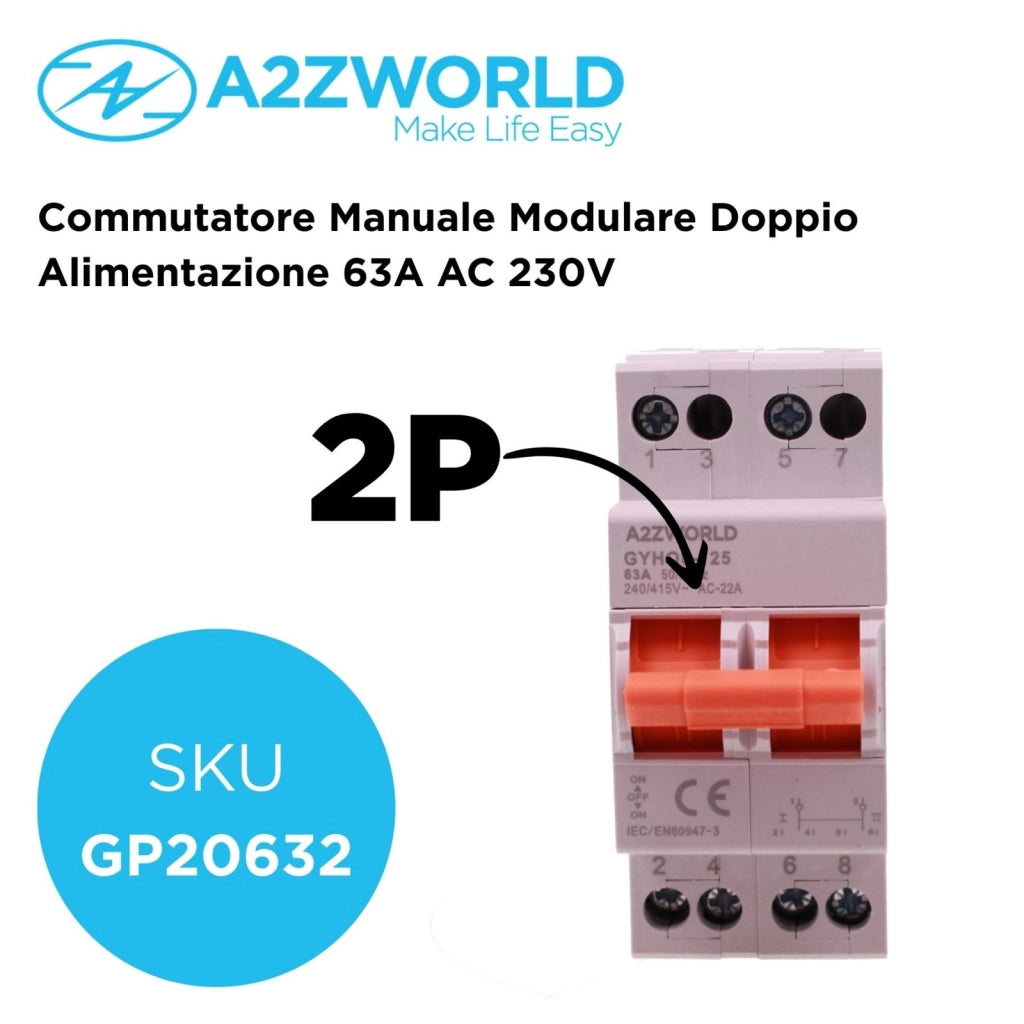 Commutatore di Rete Manuale I-0-II, 63A AC 220/380V, per Rete Principale e Alimentazione di Riserva, Disponibile 1P 2P 4P (2P)