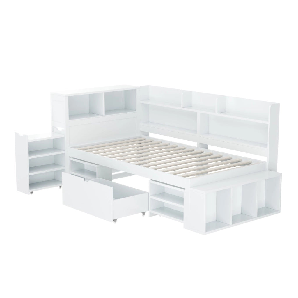 Letto per bambini 90x200 cm multifunzione con ripiani e cassetti; compensato bianco (Senza materasso)