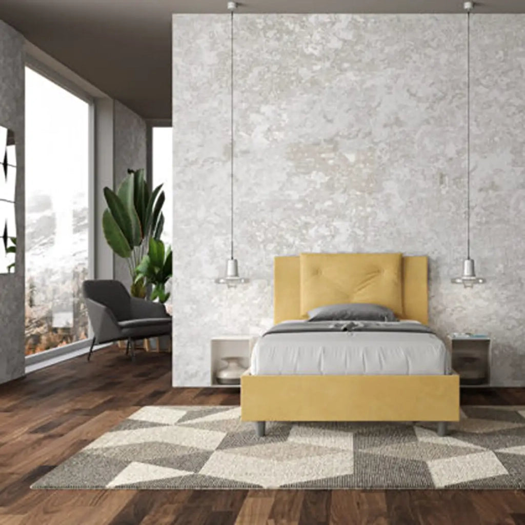 Letto una piazza e mezza contenitore imbottito 120x190 microfibra ocra Appia
