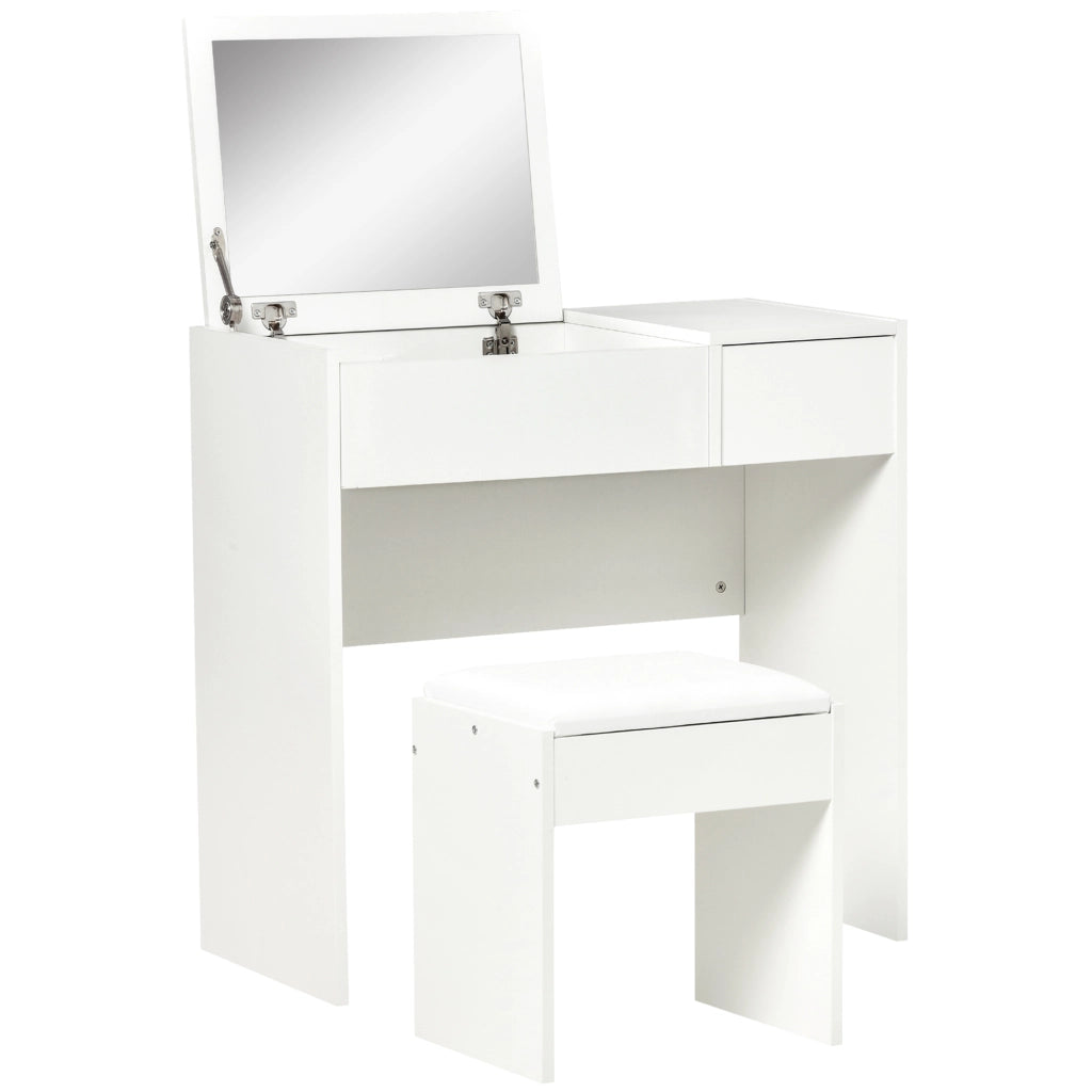EasyComfort Postazione Trucco con Specchio Richiudibile, Toeletta Trucco Moderno, con Sgabello, Vano Contenitore a 4 Scomparti, MDF Bianco, 80x40x79 cm
