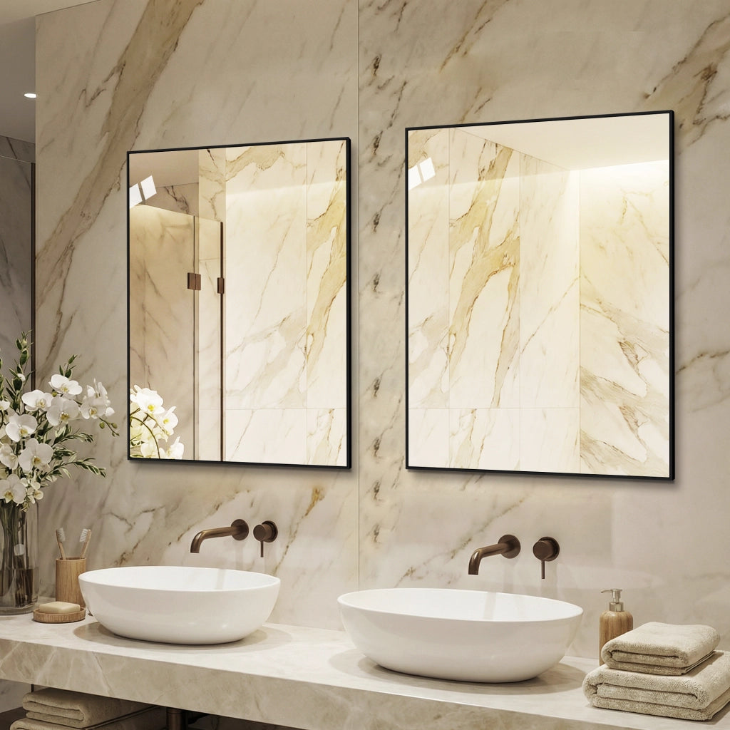 Specchio semplice con cornice in alluminio nero, vetro senza rame HD, montaggio orizzontale e verticale 60 × 80 cm