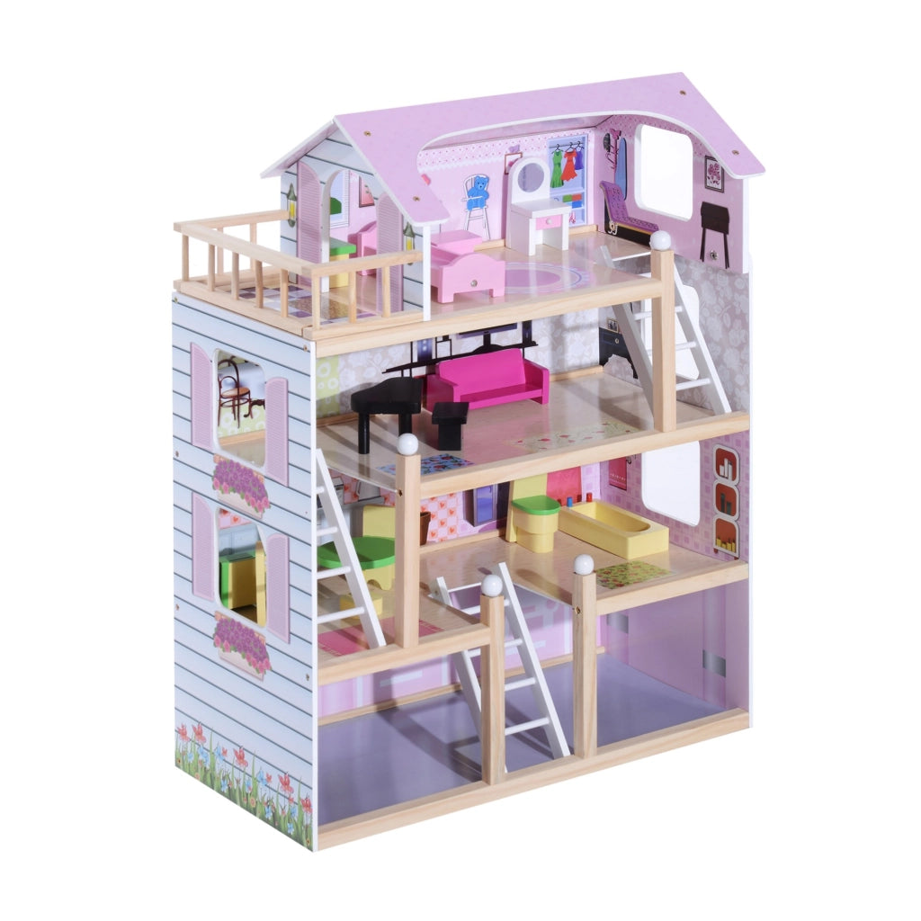 EasyComfort Casa delle Bambole per Bambini 3+ Anni in Legno di Pino e MDF a 4 Piani con 13 Accessori, Rosa, 60x30x80 cm