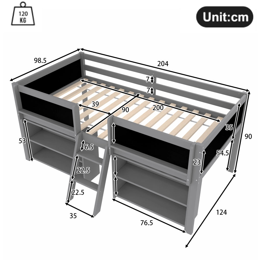 Letto semi-alto 90x200 cm con scaffali, lavagna, scala e sponde grigio