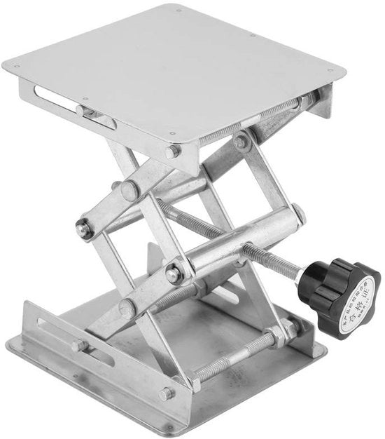 Piattaforma di sollevamento per laboratorio in acciaio inossidabile - Piattaforma di sollevamento regolabile - Tavola di sollevamento per esperimenti - 100 x 100 mm - Altezza massima 158 mm - Peso 540 g