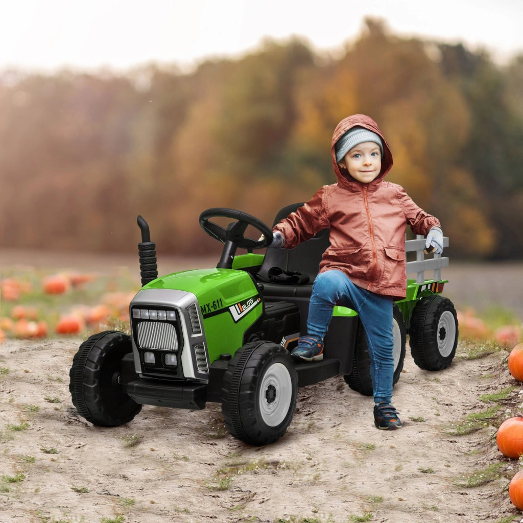EasyComfort Trattore Elettrico per Bambini 3-6 Anni con Rimorchio Rimovibile, Batteria 12V e Telecomando, Verde