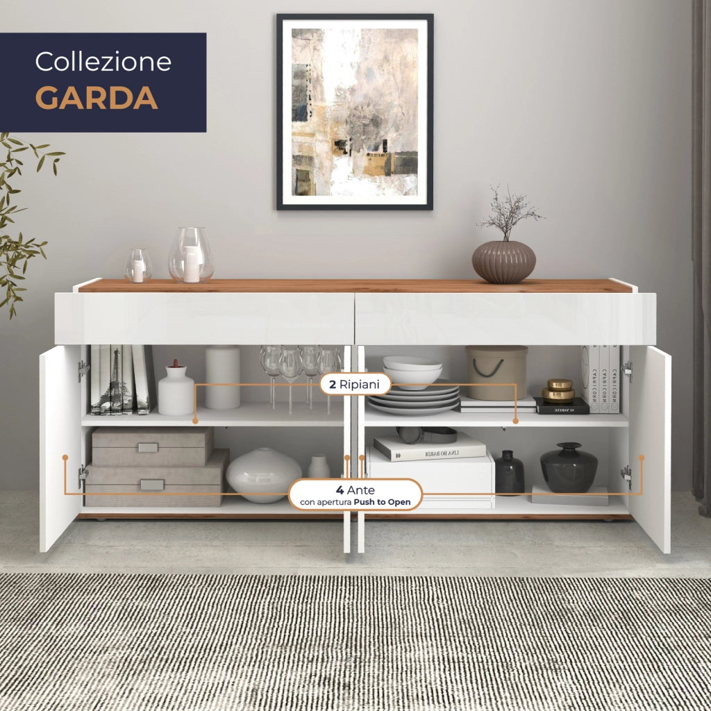 WHOUS Credenza Garda 4 ante e 2 cassetti bianco lucido e rovere 160,1x35x70 cm