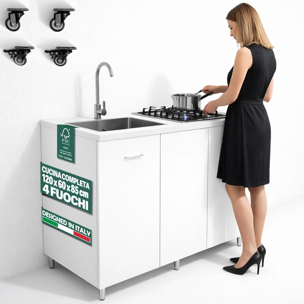 Cucina Completa 120x60 cm Bianco con Piano Cottura 4 Fuochi Lavello Rubinetteria