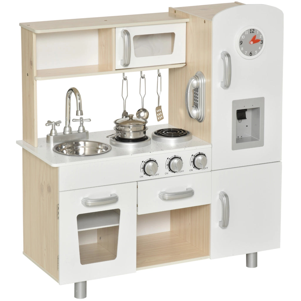 EasyComfort Cucina Giocattolo in Legno per Bambini con Lavandino e Fornelli, Pentole e Utensili in Acciaio, 74x30x81cm, Bianco