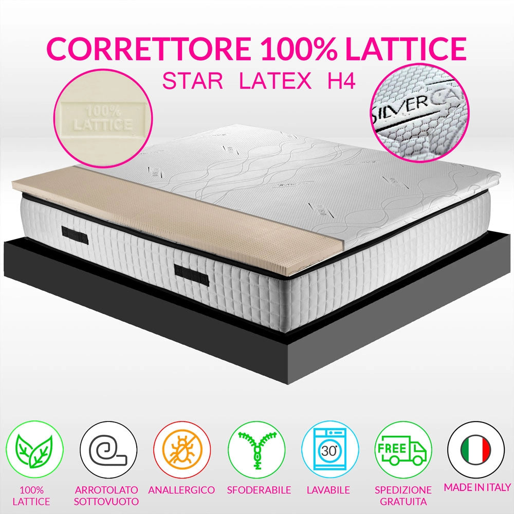 Topper lattice, sopramaterasso in 100% LATTICE ANALLERGICO, Alto 4 cm con tessuto antimicrobico sfoderabile 4 lati con filo in ARGENTO - STAR LATEX king size 180x195