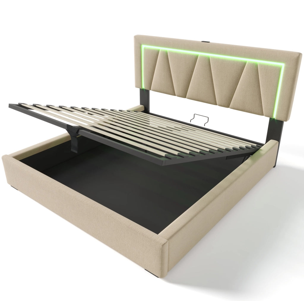 Letto imbottito 140x200 cm con contenitore; LED e USB Type C in lino