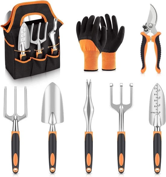 Set di giardinaggio - 8 pezzi comprensivo di attrezzi da giardino, vanga, forcone, guanti da giardiniere, cesoie, ecc., con tasca di stoccaggio.