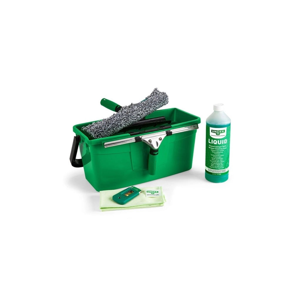 Kit Pulizia Vetri (tergivetro, manico, copertura in microfibra, secchio 12 L, detergente, raschietto, panno 35 cm) AK015