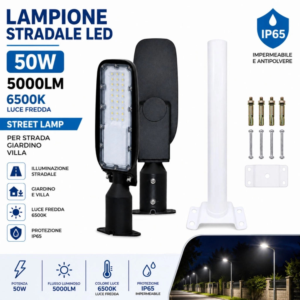 Lampione Stradale Led 50W 5000LM 6500K Street Lamp Per Strada Giardino Villa IP65