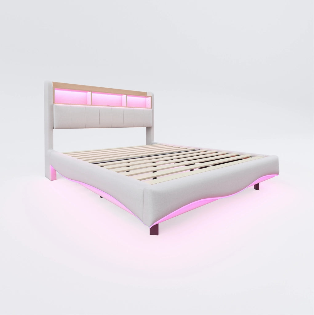Letto imbottito 140x200 con LED, USB-C, contenitore testata beige