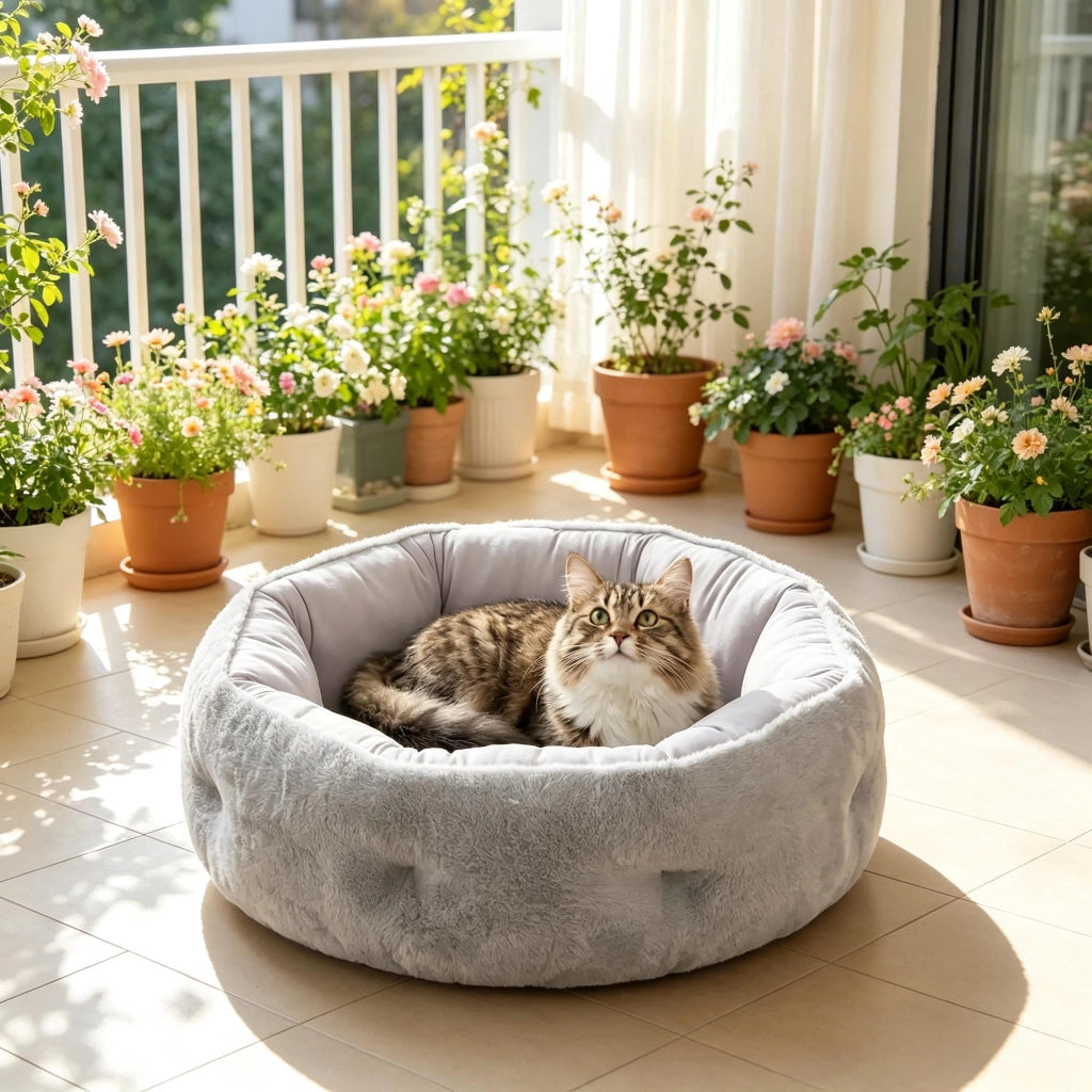 Cuccia reversibile per gatti, cuccia per gatti e cani di piccola taglia da interno, cuccia rotonda con bordo di supporto