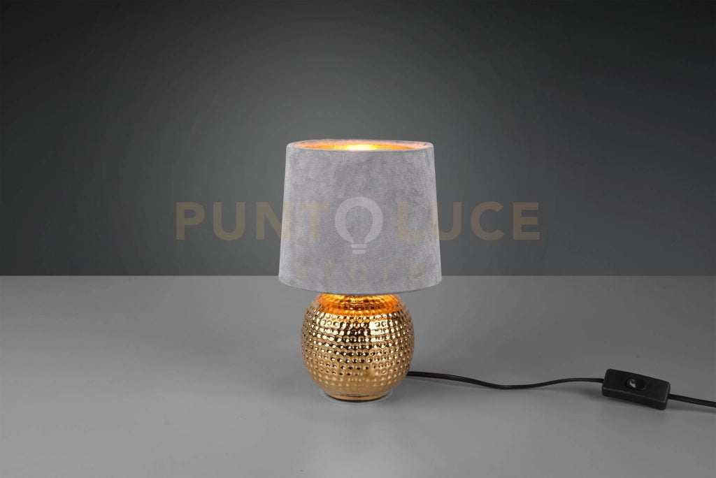 SOPHIA LAMPADA DA TAVOLO BASE CERAMICA ORO E PARALUME EFFETTO VELLUTO GRIGIO H. 26CM 1 LUCE ATTACCO E 14
