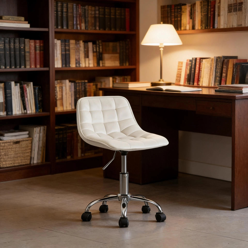 Sedia da Ufficio Girevole con Altezza Regolabile, Design Ergonomico e Ruote, in Velluto Bianco Crema