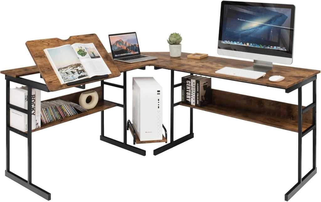 Scrivania Angolare 170 CM, Scrivania per Computer ad Angolo Moderna con Piano Inclinabile, Scaffale Inferiore e Supporto per CPU, Scrivania a Forma di L per Ufficio e Studio (Marrone)