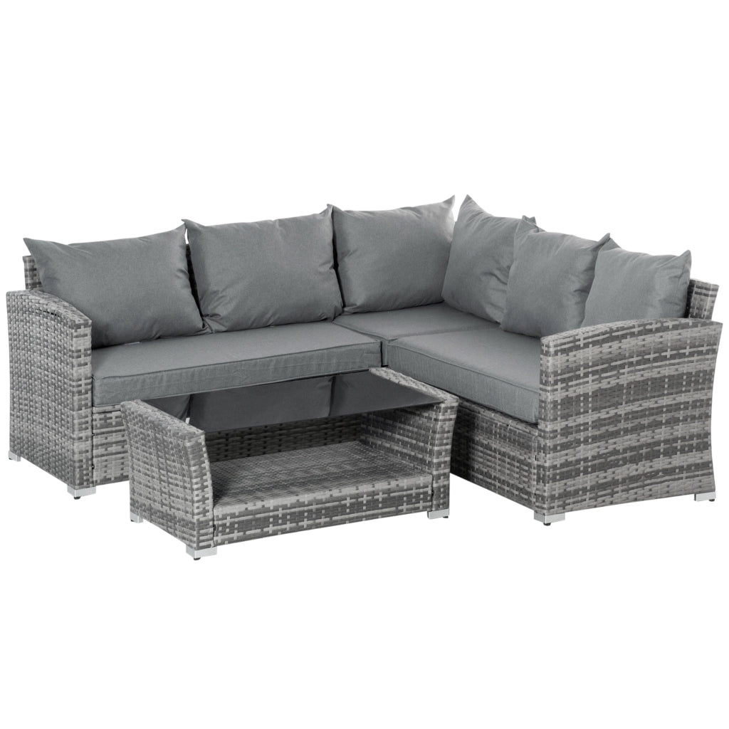 EasyComfort Set Mobili da Giardino in Rattan PE da 4 Pezzi, Salotto con Divano Angolare e Tavolino con Vetro, Cuscini Imbottiti e Sfoderabili, Grigio