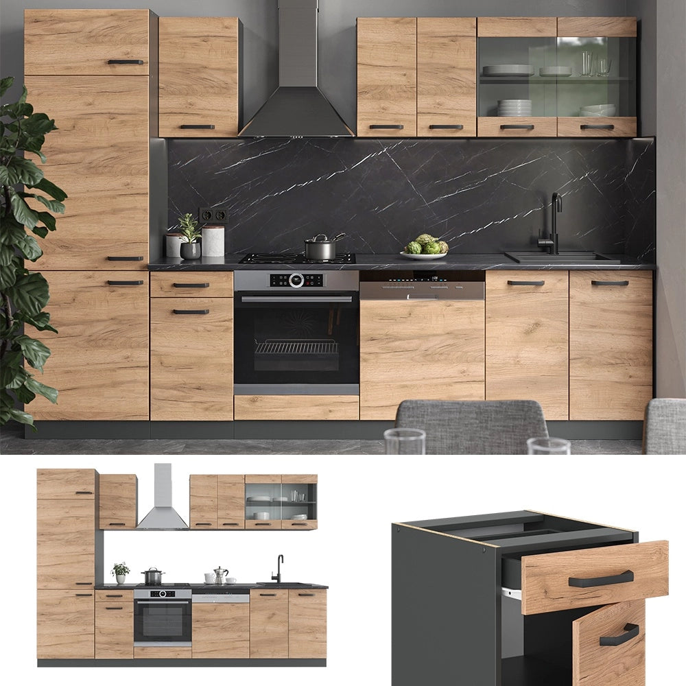 Cucina componibile R-Line Rovere dorato/Antracite 300 cm, PL Antracite Vicco