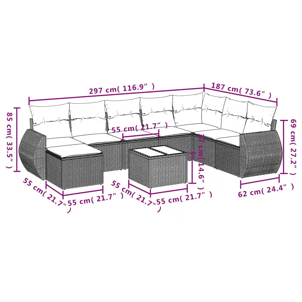 Set Divani da Giardino 9 pz con Cuscini Grigio in Polyrattan 3221770