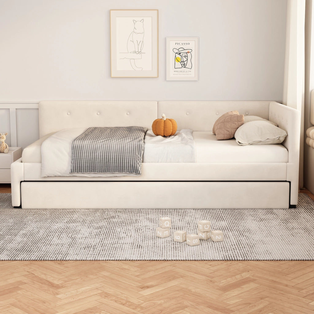 OKWISH Letto a Divanetto 90×200 cm, Letto Singolo con Letto Estraibile, Testiera, senza Materasso, in Velluto e MDF, Beige