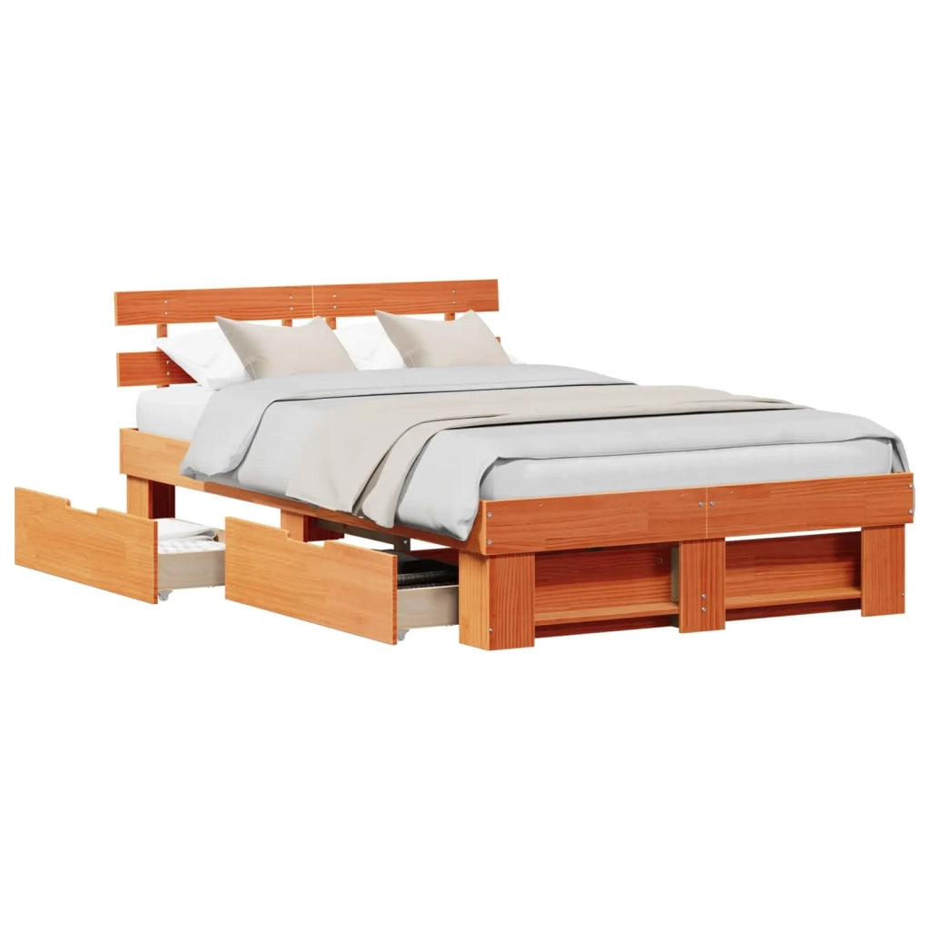 Letto matrimoniale | Letto per adulti | Struttura del letto Marrone cerato 135 x 190 cm Pino massello