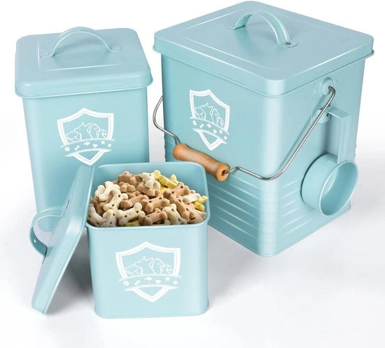 Set di conservazione per animali, contenitore per cibo animale, set da 3, ciotola per cibo animale con cucchiaio e coperchio ermetico, contenitore per cibo animale in metallo, grande capacità, contenitore per cibo di animali per cani e gatti, colore verde