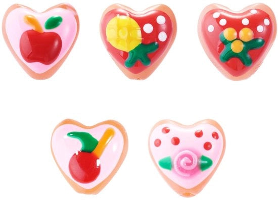 Glasica con forma di cuore manufatturata a mano - 5 pezzi - Disegno Millefiori - Lampwork di alta qualità - Creazione di gioielli - Dimensione 13,5 mm