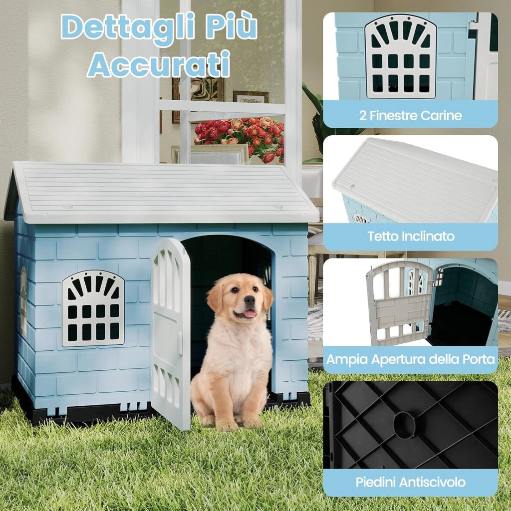 Cuccia per Cani da Esterno ed Interno, Cassetta per Cani con Porta Bloccabile, 3 Finestre e Tetto Inclinato, Cucce per Cagnolino in Plastica Impermeabile (Blu)