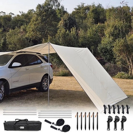 Ombrellone da Auto 3 x 5 m - Ombrello Portatile - Impermeabile - Protezione UV 50+ - Polyester - Installazione Facile con Ganci - Ombrello da Campeggio