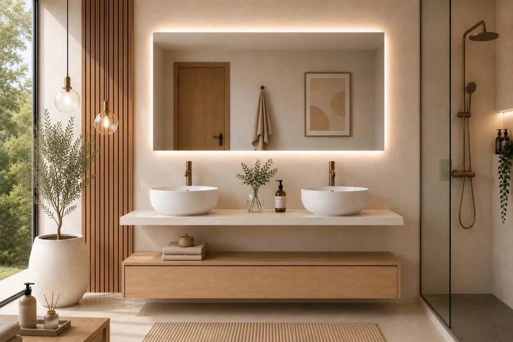 Mobile bagno componibile CERDEÑA con modulo e piano top da 120 cm, doppio lavabo e colonna, senza specchio