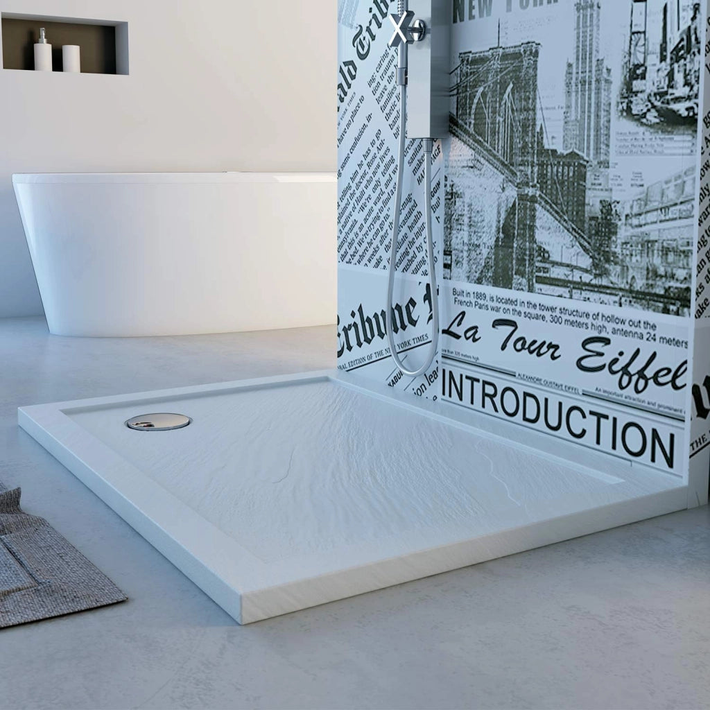 Piatto Doccia Slim 70x70x4 cm Quadrato Acrilico Bordato Bianco Effetto Pietra mod. Flower