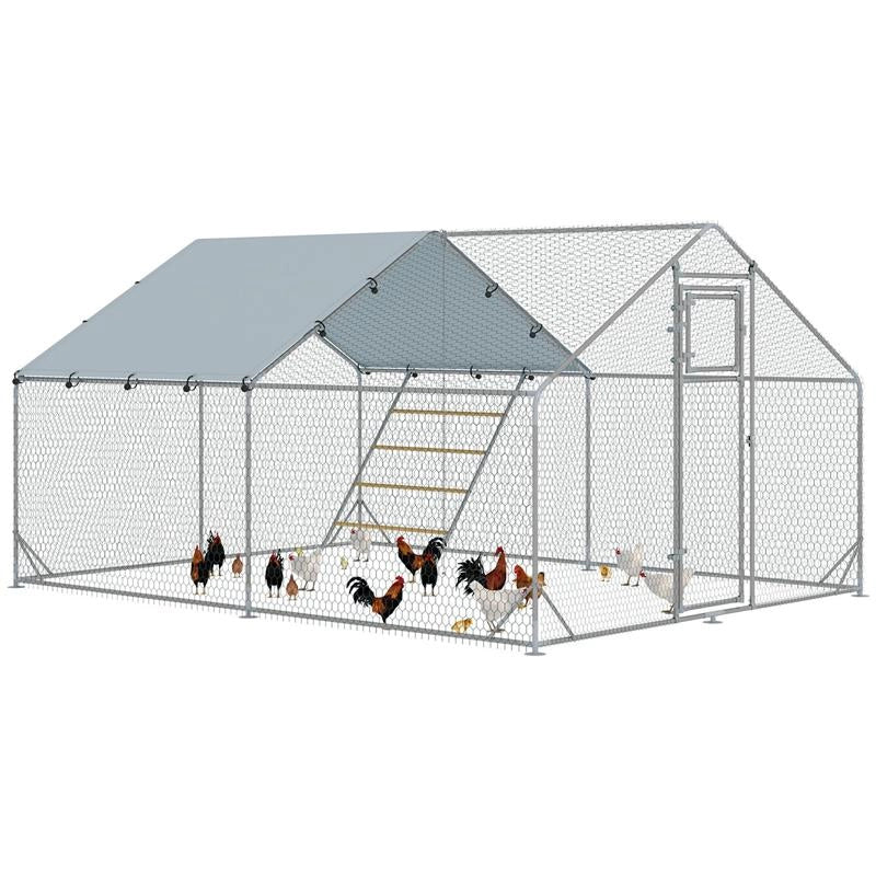 RECINTO PER GALLINE DA 12M PER 12-18 ANIMALI CON TETTO IMPERMEABILE MANGIATOIA E POSATOIO 3X4X1.9M ARGENTO