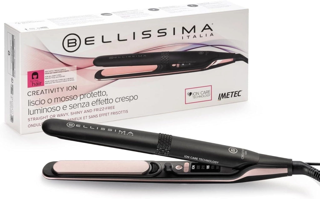 Bellissima 11875 Creativity Ion Piastra per capelli Ionizzatore Ceramica Diamond Cheratina 5 Temperature 150 230°C Funzione Memory colore Nero Rosa