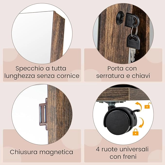 Armadio Portagioie con Ruote, Armadietto Portagioielli con Specchio a Luci 3 Colori, Specchio Portagioie con Ripiani Regolabili, Organizzatore Gioielli con Chiavi, 40 x 38 x 163 cm (Caffè)