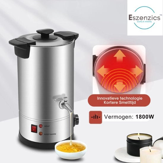 Smaltatrice XXL in RVS - 8 litri - 1800W - Riscaldamento rapido - Piastra di fusione - Riscaldatore di cera - Pulizia, sapone, balsamo - Creazione di candele - 30-110°C - Sicura e Sostenibile