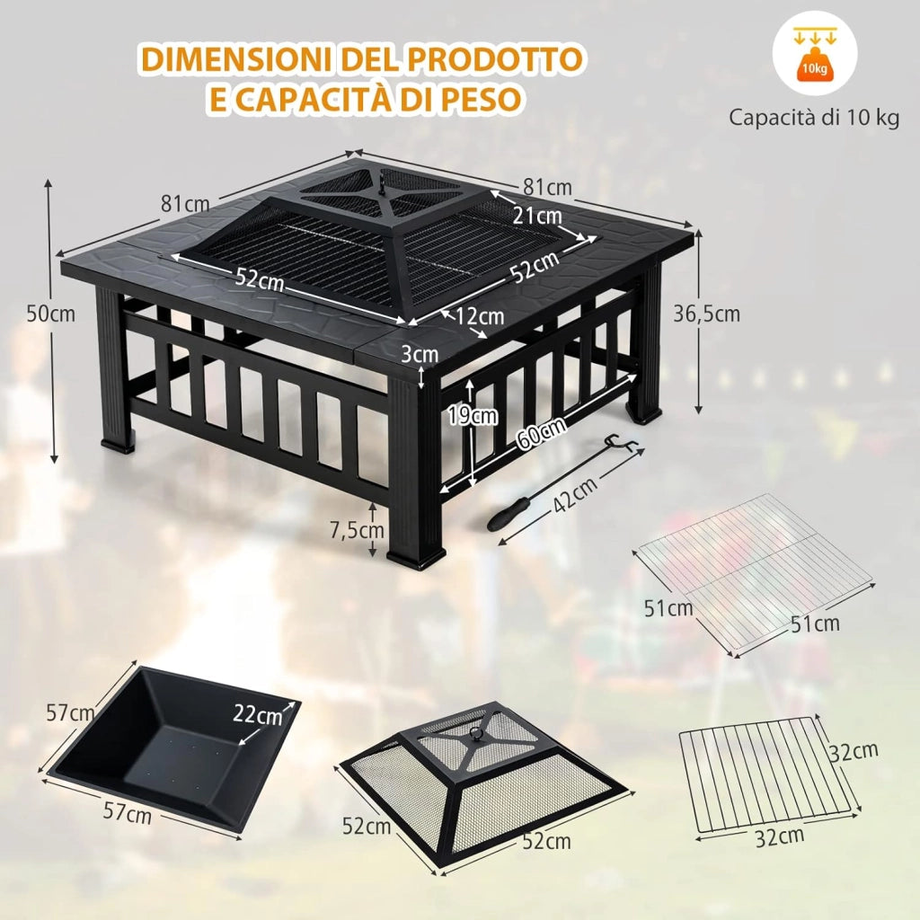 Braciere da Esterno 81cm, 3 in 1 Braciere da Giardino con Parascintille Griglia, in Acciaio, Diametro 81 x 81 x 50 cm