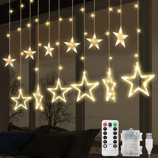 Gordino per interni da 25 m con 138 led e 12 stelle - 8 modi di illuminazione - Illuminazione decorativa per finestre, porte e matrimoni (Bianco caldo)