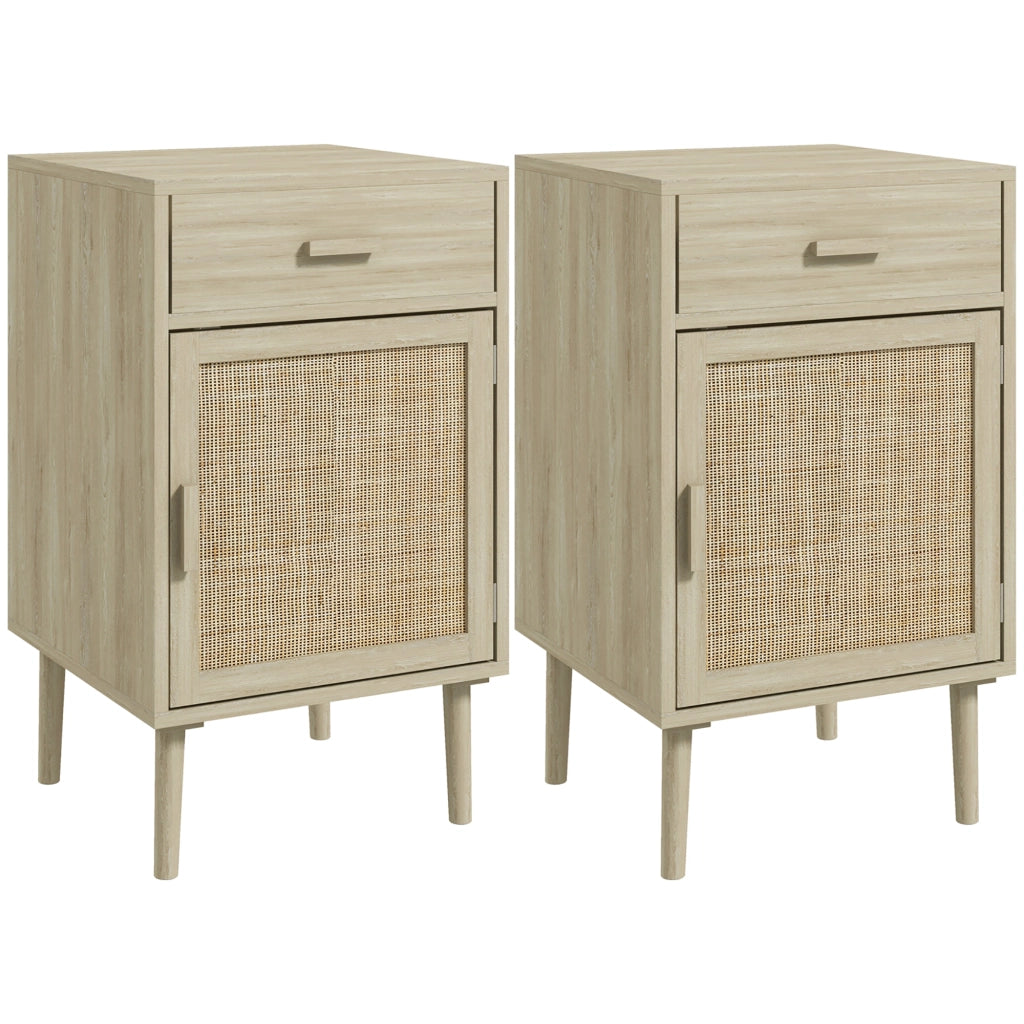 EasyComfort Set 2 Comodini per Camera da Letto con Cassetto e Anta in Rattan Stile Boho, Colore Legno