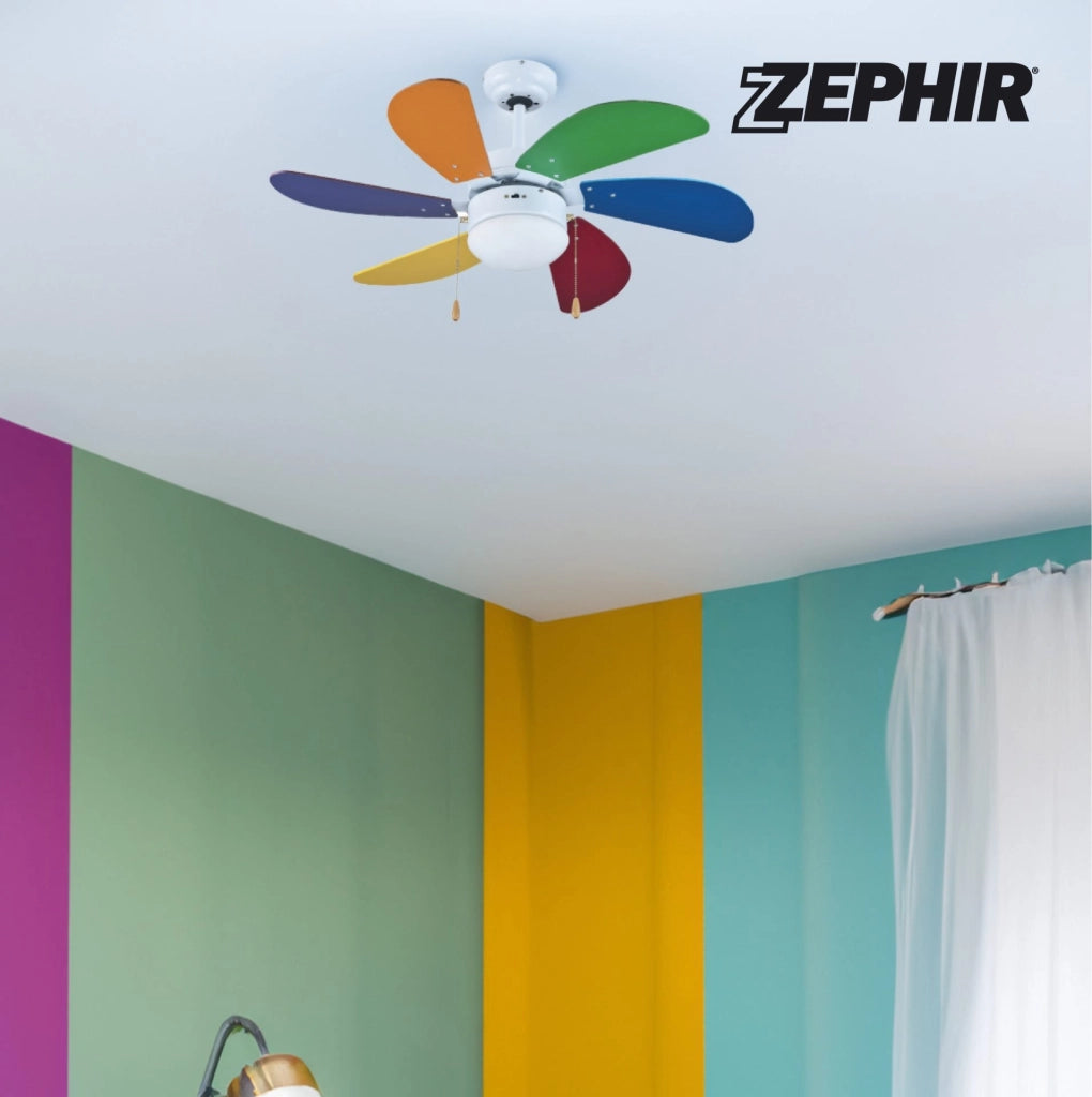 Zephir, Ventilatore da Soffitto, Multicolore, 6 Pale, 3 Velocità Diametro 90cm, Con luce, Funzione Reversibilità, Comando a Cordicella