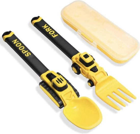 Set di bestemmia per bambini forchetta e cucchiaio progettato come una macchina da scavare set di bestemmia portatile per bambini da 1 anno giallo