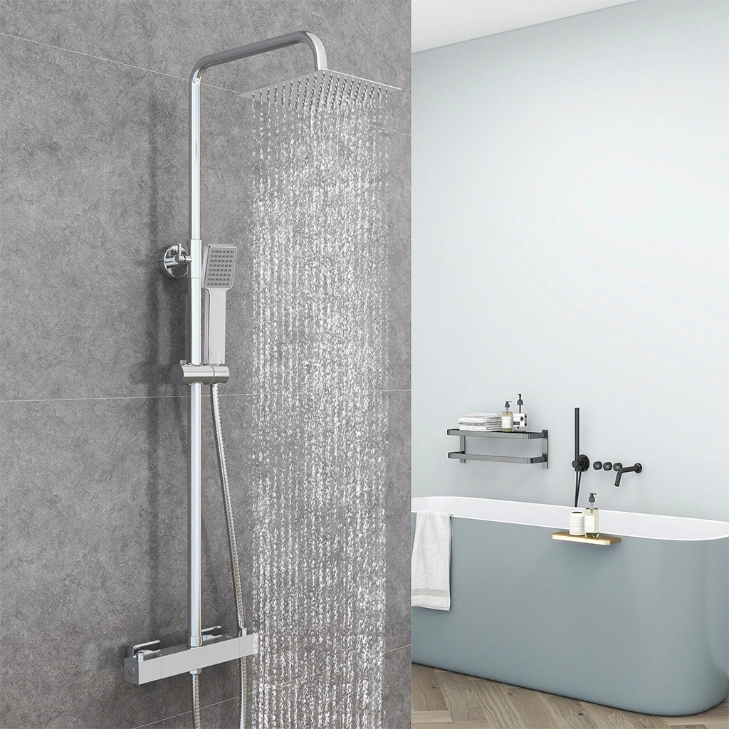 AICA Colonna Doccia con Miscelatore Termostatico, Rubinetto Doccia 28x4cm, Soffione Doccia in Acciaio Inox 20x20cm Cromo