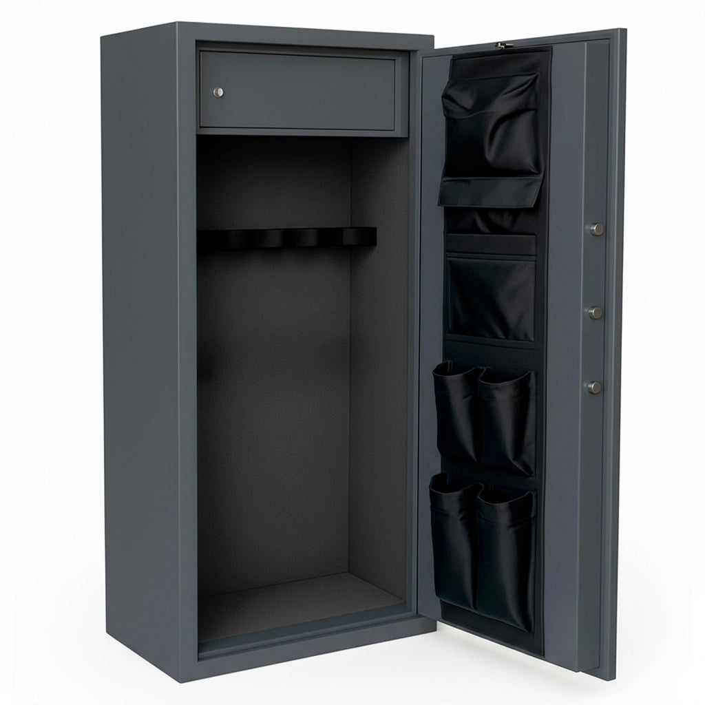 Armadio Blindato Portafucili In Acciaio Per Armi Con Tesoretto Serratura Digitale E Chiave Tasca Porta Oggetti Cassaforte Sicura 148 X 53.5 X 32 Cm 10 Posti Grigio Scuro