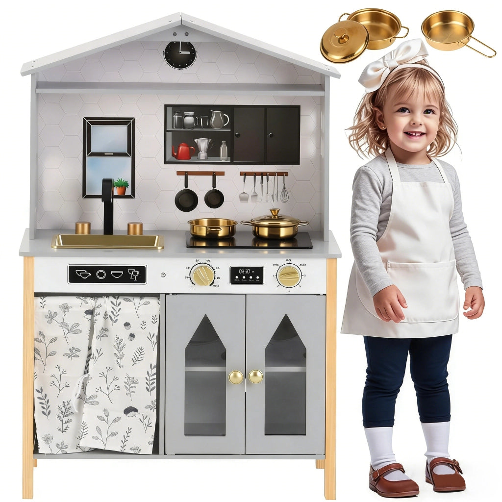 Cucina per bambini, cucina giocattolo - design creativo a forma di casa, accessori ed effetti a sorpresa, adatta a bambini dai 3 anni in su, legno + p