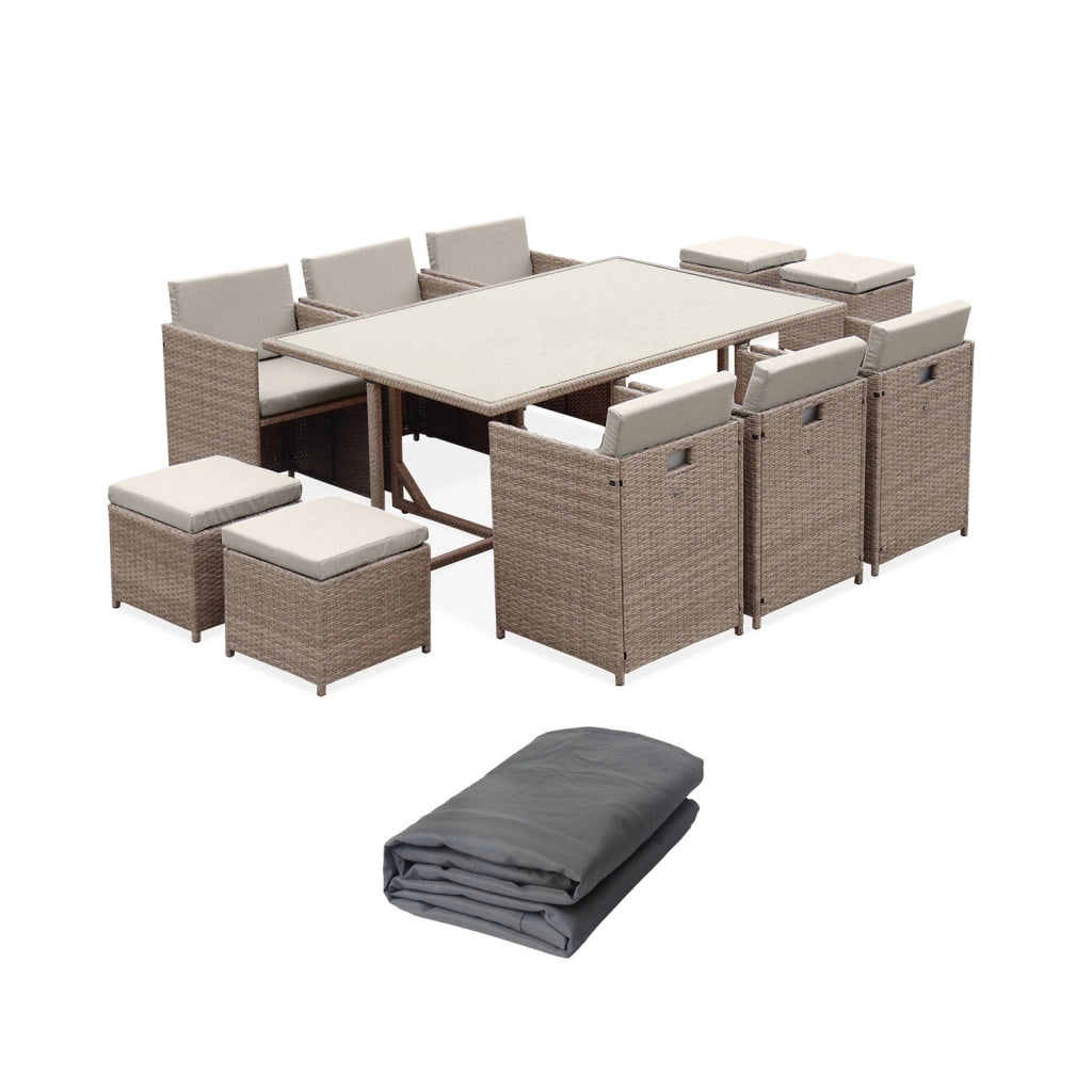 Set tavolo da giardino in resina con 10 poltrone + copertura