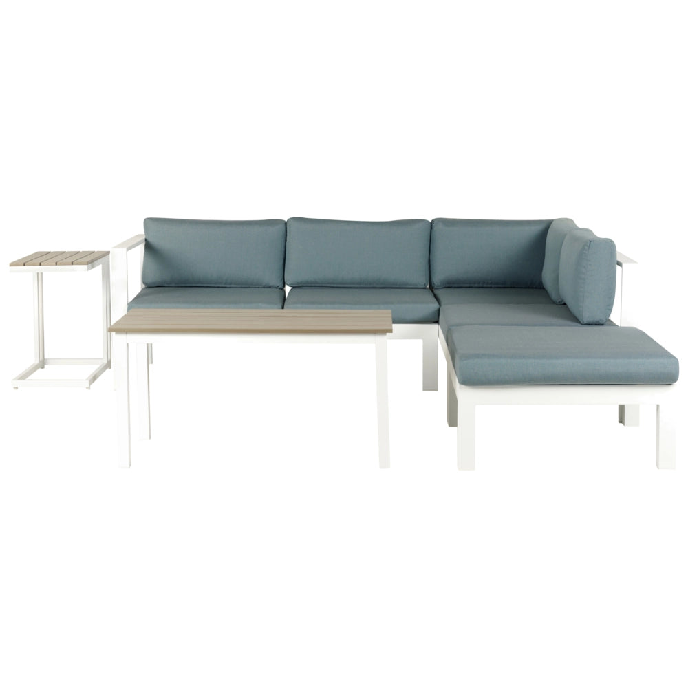 Set divano ad angolo da giardino bianco con cuscini verdi Tavolo a doghe a 5 posti Set moderno scandinavo per conversazioni all'aperto